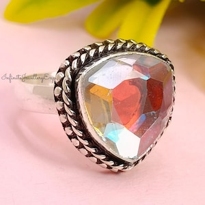 Mystic Topaz Ring: Sterling Silver Trillion Gemstone, Rainbow Fire Jewelry