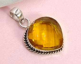 Citrine Heart Pendant Necklace: Engraved Sterling Silver Jewelry