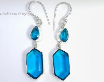 Swiss Blue Topaz Dangle Earrings, 925 Sterling Silver, Boho Gemstone Drop (1.75 Inch)