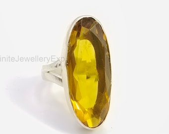 Citrine Statement Ring, 925 Sterling Silver Gemstone Ring, Handmade Long Oval Ring, Gold Citrine Ring, Custom Birthstone Ring, Gift for Her