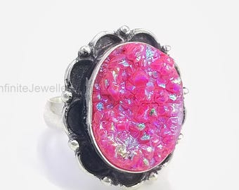 Pink Druzy Ring 925 Sterling Silver, Druzy Gemstone Statement Ring, Boho Cocktail Ring, Handmade Vintage Jewelry, Gift for Her