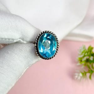 Blue Topaz Ring 925 Sterling Silver November Birthstone Engagement Ring Engraved Promise Ring for Women Anniversary Gemstone Ring for Her