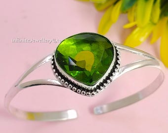 Peridot Cuff Bracelet Sterling Silver | Heart Cut, August Birthstone