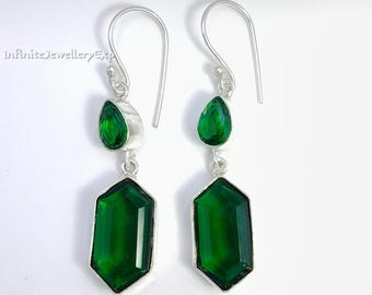 Handmade Chrome Diopside Sterling Silver Dangle Earrings, Boho Vintage Style Green Gemstone Jewelry