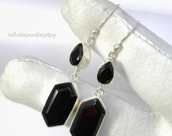 Black Onyx Sterling Silver Dangle Earrings, Faceted Gemstone Boho Jewelry