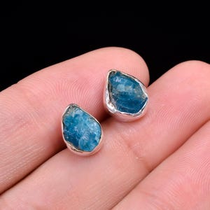 Raw Neon Apatite Stud Earrings: 925 Sterling Silver Healing Crystal