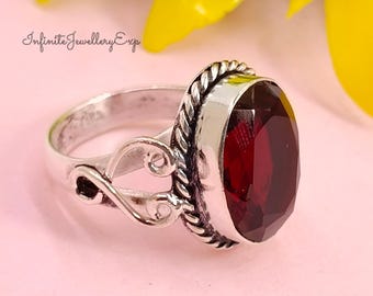 Handmade Faceted Garnet Sterling Silver Ring, Anniversary Gift