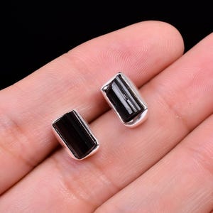 Raw Black Tourmaline Stud Earrings | 925 Sterling Silver Crystal Studs | Natural Healing Stone Earrings | Minimalist Raw Gemstone Jewelry