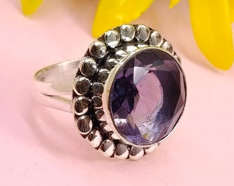 Boho Amethyst Ring: Faceted Round Cut, 925 Sterling Silver