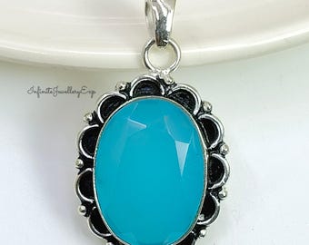 Aqua Chalcedony 925 Sterling Silver Pendant Necklace: Handmade Jewelry