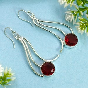 Sterling Silver Garnet Dangle Earrings: Boho Red Gemstone Jewelry