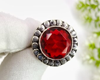 Handmade Sterling Silver Garnet Statement Ring - Round Cut Gemstone