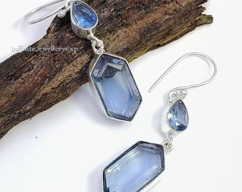 Blue Iolite Drop Earrings, 925 Sterling Silver, Minimalist Boho Dainty Jewelry