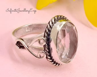 Oval Pink Morganite Ring: Faceted 925 Sterling Silver Engagement Ring