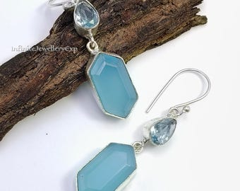 Blue Chalcedony Sterling Silver Drop Earrings, Boho Dangle Gemstone Jewelry