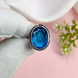Oval Swiss Blue Topaz Ring 925 Sterling Silver, Solitaire Engagement Ring, December Birthstone Jewelry, Blue Gemstone Statement Ring