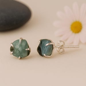 Raw Emerald Stud Earrings: Sterling Silver May Birthstone Jewelry
