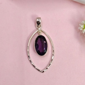 Amethyst Pendant Necklace Sterling Silver, Purple Amethyst Jewelry, Handmade February Birthstone Gift for Her, Minimalist Crystal Necklace