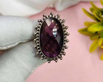 ボヘミアン風アメジストリング：スターリングシルバー製ステートメントリング、2月の誕生石