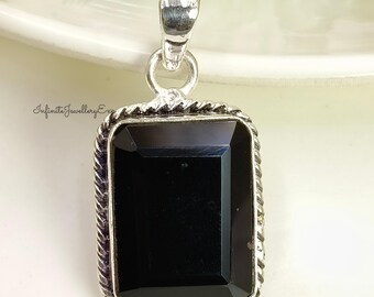 Black Onyx Pendant Necklace: Sterling Silver Rectangle, Handmade