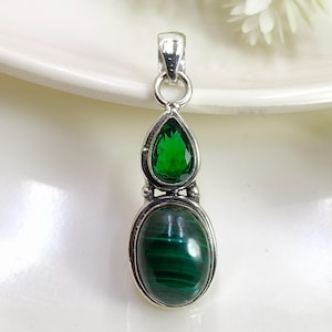 Malachite & Chrome Diopside Pendant: Sterling Silver Layered Necklace