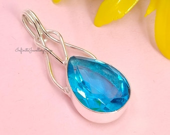Teardrop Blue Topaz Pendant Necklace: 925 Sterling Silver Gemstone
