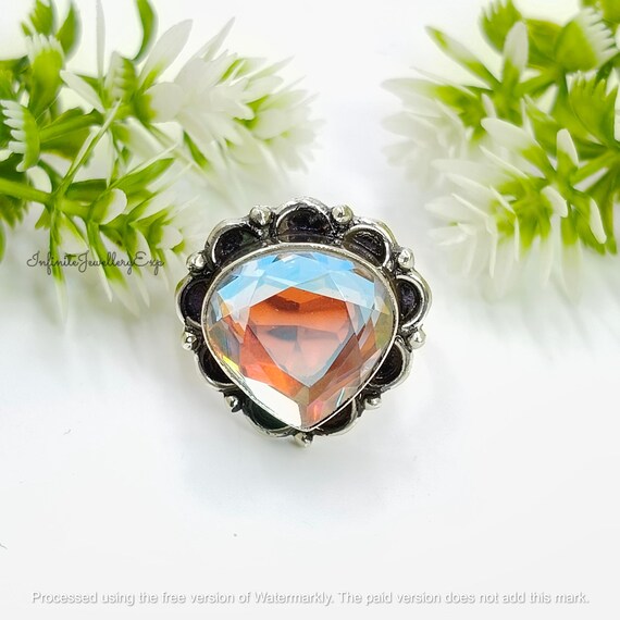 Heart Mystic Topaz & Clear CZ Ring - 925 Sterling Silver, Rainbow Fire, Women's Promise Ring