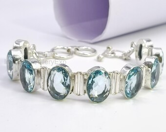 Aquamarine Bracelet 925 Sterling Silver, Blue Gemstone Birthstone Bracelet, Dainty Oval Link Jewelry, July Birthday Gift for Her