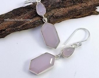Rose Quartz Sterling Silver Dangle Earrings, Minimalist Pink Gemstone Drop Jewelry