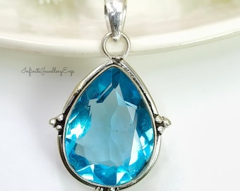 Sterling Silver Blue Topaz Teardrop Pendant: Handmade Wedding Jewelry