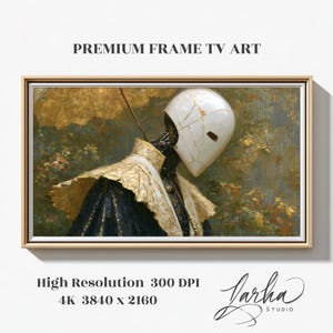 Op de afbeelding: Een ingelijste digitale kunstprint met een figuur met een wit, gebarsten masker en een sierlijke kraag. Het kunstwerk heeft een vintage esthetiek met goud- en donkerblauwe tinten. De tekst "PREMIUM FRAME TV ART" staat bovenaan en "High Resolution 300 DPI 4K 3840 x 2160" onderaan.