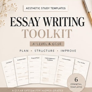 Könnte beinhalten: Ein Bild eines Aufsatz-Schreibwerkzeugs mit dem Text "ESSAY WRITING TOOLKIT" und "A-LEVEL & GCSE". Das Werkzeug enthält sechs Vorlagen zum Planen, Strukturieren und Verbessern von Aufsätzen. Der Text "A CLEAR SYSTEM FOR HIGHER GRADES" ist ebenfalls sichtbar.