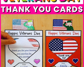 Könnte beinhalten: Bunte Dankeskarten zum Veteranentag mit patriotischen Themen. Eine Karte zeigt ein herzförmiges Design der amerikanischen Flagge, die andere ein Herz mit den Streifen der Flagge. Beide Karten enthalten den Text "Happy Veterans Day" und "Thank you for your bravery and sacrifice."
