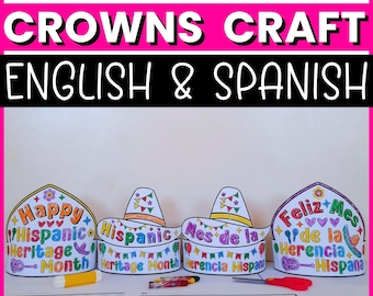 Op de afbeelding: Vier papieren kronen voor de Hispanic Heritage Month, twee in het Engels en twee in het Spaans, met kleurrijke illustraties van maracas, sombrero's en vlaggetjes. De tekst luidt Happy Hispanic Heritage Month en Feliz Mes de la Herencia Hispana. Inclusief lijmstift, kleurpotloden en schaar.