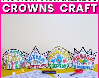 Pode incluir: Quatro coroas de papel coloridas com as palavras "Conscientização do Autismo" e "Aceitação" impressas. As coroas são decoradas com peças de quebra-cabeça, fitas e impressões de mãos. A imagem também inclui lápis de cor, tesouras e páginas para colorir.