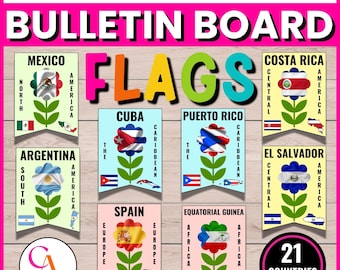 Hispanic Heritage Month Bulletin Board: Spanish Speaking Countries Flags Flowers and Maps, Hispanic Heritage Month Posters (PDF Download)