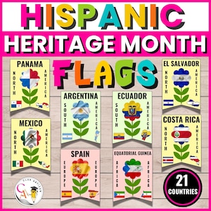 Hispanic Heritage Month Bulletin Board,21 Spanish Speaking Country Flags Flowers and Maps, Hispanic Heritage Month Posters Door Decor Craft