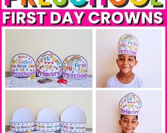 First Day of Preschool Crown Craft, peutermuts hoofdband kleurplaten activiteit, terug naar school papieren kronensjabloon (pdf-download)