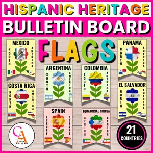 Pode incluir: Um quadro de avisos com o texto "Hispanic Heritage" e "Bulletin Board". Apresenta bandeiras coloridas representando 21 países, incluindo México, Argentina e Espanha. A palavra "FLAGS" está em letras grandes e coloridas.