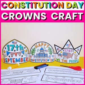 Pode incluir: Imagem de três coroas imprimíveis do Dia da Constituição com designs patrióticos. As coroas apresentam os textos "17th September", "Happy Constitution Day" e "We The People". Materiais para colorir e modelos impressos também são visíveis.