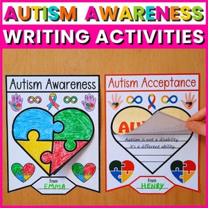 Op de afbeelding: Kleurrijk educatief materiaal voor autismebewustzijn en acceptatie. De afbeelding toont twee posters met puzzelstukjes, oneindigheidssymbolen en de tekst "Autism Awareness Writing Activities". Eén poster zegt "Autism Awareness" en de andere zegt "Autism Acceptance".