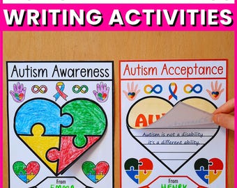 Pode incluir: Materiais educativos coloridos para a conscientização e aceitação do autismo. A imagem apresenta dois cartazes com corações de quebra-cabeça, símbolos de infinito e o texto "Autism Awareness Writing Activities". Um cartaz diz "Autism Awareness" e o outro diz "Autism Acceptance".