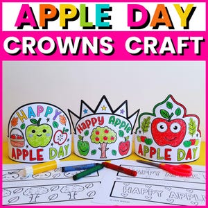 Manualidad de corona de sombrero para el Día de la Manzana, páginas para colorear de diadema de sombrero de manzana, manualidad de corona de otoño, actividades imprimibles de coronas de papel para niños (descarga en PDF)