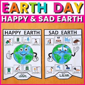 Manualidad para el Día de la Tierra: Escritura sobre la Tierra Feliz vs. la Tierra Triste, páginas para colorear y actividad de clasificación para preescolar y jardín de infancia (descarga en PDF).