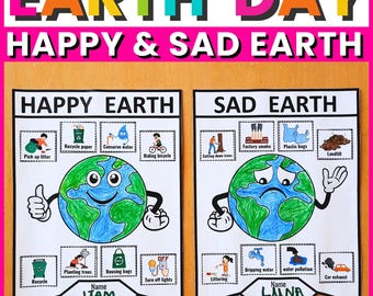 Earth Day Craft, Happy Earth vs Sad Earth Writing, Coloring Pages and Sorting Activity for Preschool, Kindergarten (PDF Download)