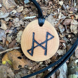 Könnte beinhalten: Eine Holz-Anhänger-Halskette mit schwarzem Band. Der Anhänger ist eine hellbraune, kreisförmige Holzscheibe mit einem schwarzen, stilisierten Symbol. Die Halskette liegt auf einem Bett aus trockenen Blättern und Zweigen.