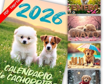 May include: A 2026 printable calendar with images of puppies. The main image shows two puppies on a grassy hill. The calendar includes images of puppies with the months of the year. Text on the calendar reads "CALENDARIO de CACHORRITOS" and "PDF imprimible".