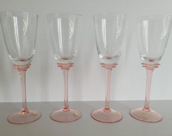 Vintage Hungarian hand-blown crystal stemware with pink stem and base