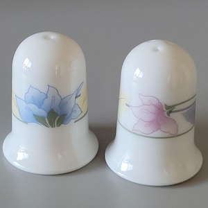 May include: Two white ceramic salt and pepper shakers with a bell-shaped design. One shaker features a blue floral pattern with yellow leaves, while the other displays a pink floral design with green stems and leaves encircling the base.