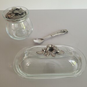 Vintage Seagull Pewter glass butter dish and jam jar set with spoon, Floral Pewter lid condiment pot, retro cottagecore tableware